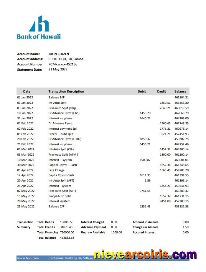 Samoa Bank of Hawaii bank statement